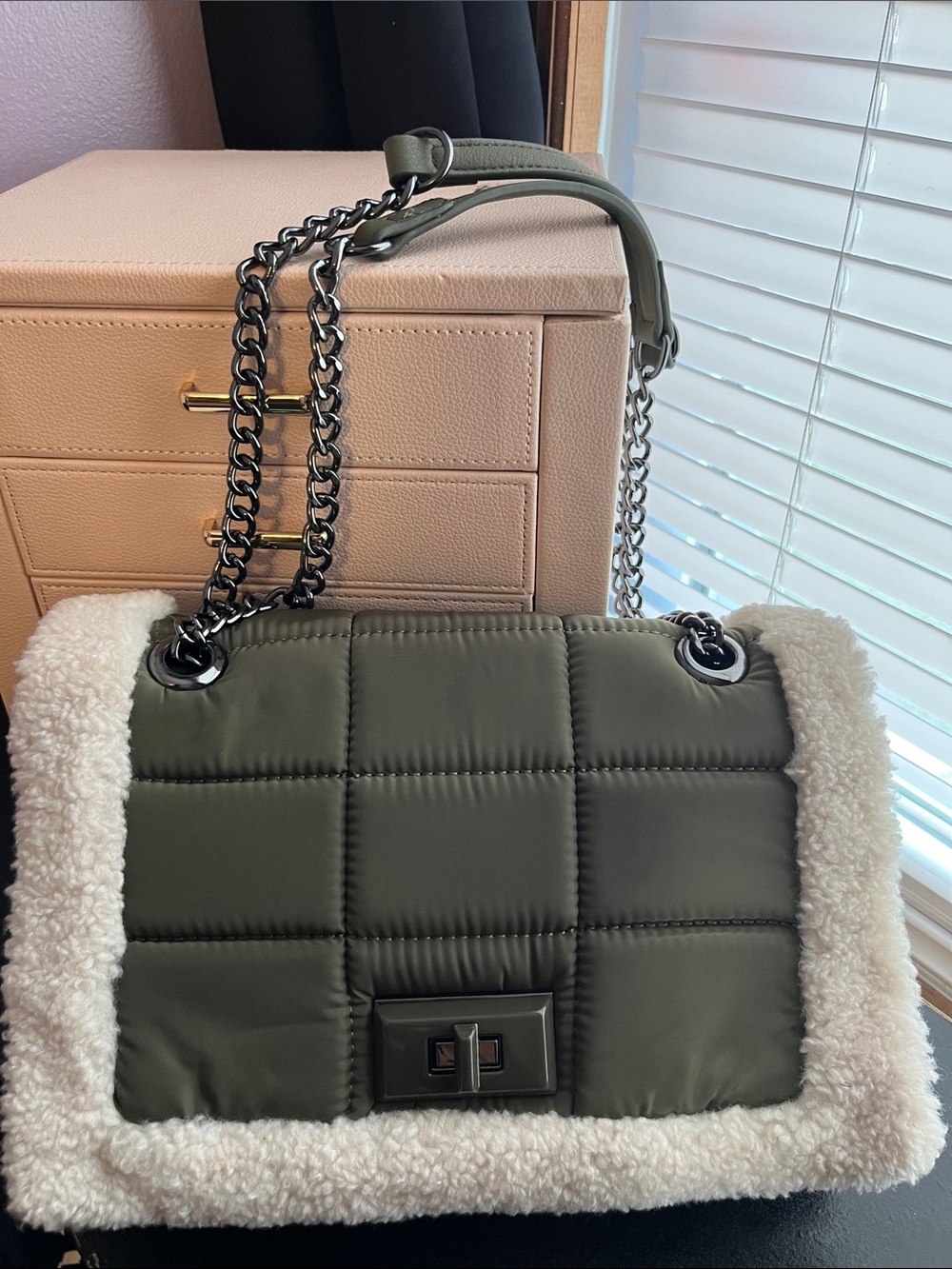 INC International Concepts Olive Quilted Shoulder Bag with Cream Shearling Trim